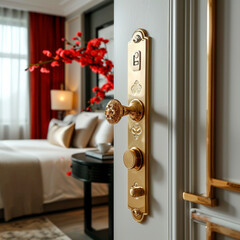 Modern golden door handle in the luxury hotel