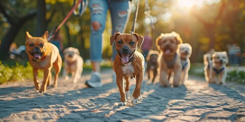 Professional dog walker leads various dogs on leashes through urban park. Concept Dog Walking,...