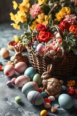 Easter poster and banner template with Easter eggs in decorated basket, bunny rabbit and spring flowers background. Greetings and presents for Easter Day. Promotion and shopping template for Easter