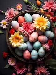 Obraz na płótnie Canvas Easter poster and banner template with Easter eggs in decorated basket nest and spring flowers background. Greetings and presents for Easter Day. Promotion and shopping template for Easter