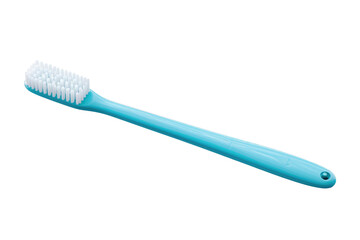 A blue and white toothbrush sitting. on a White or Clear Surface PNG Transparent Background.