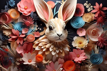 Fototapeta premium Easter bunny rabbit head with spring flowers background. Abstract Happy Easter greetings card banner.