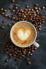 Top view of a cup of coffee with heart-shaped crema and coffee beans