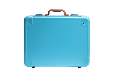 A photo of a blue suitcase with a wooden handle. on a White or Clear Surface PNG Transparent Background.