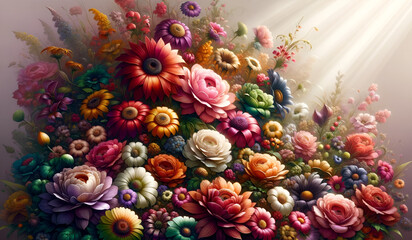 Obraz na płótnie Canvas Blossom abundance: A full-frame floral explosion that captures the essence of a blooming meadow for use in all types of decor. Generative AI.