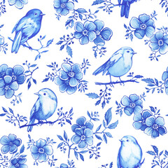 Seamless pattern with blue robin birds sitting on a blossoming cherry branch. Hand drawn watercolor painting illustration isolated on white background - 739757581