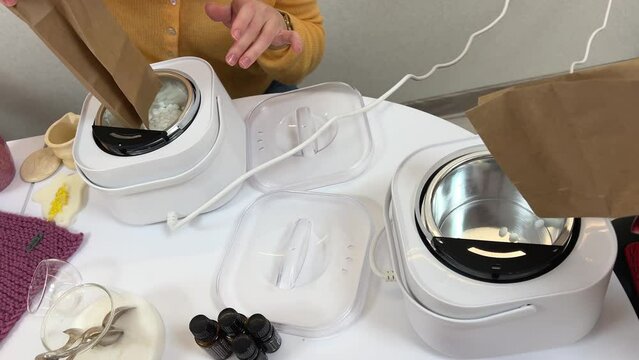 making a massage scented candle witches witchcraft using wax and coconut oil mango cocoa butter master class pour. Aroma drops weigh melt wax in firebox making craft scented candles