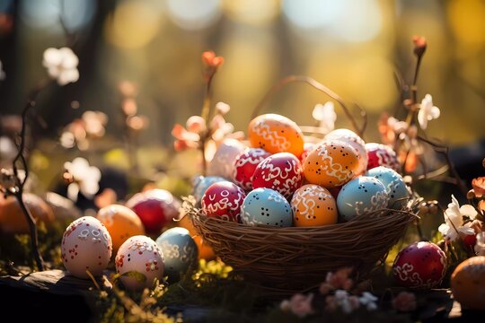 Colored Easter eggs in decorated basket and spring flowers on green grass at sunny day, celebration of religious holidays. Happy Easter greetings card, banner.
