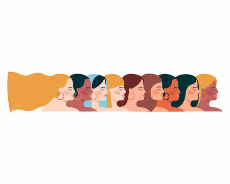 Women of different ethnicities and cultures stand side by side together Strong and brave women support each other vector illustration