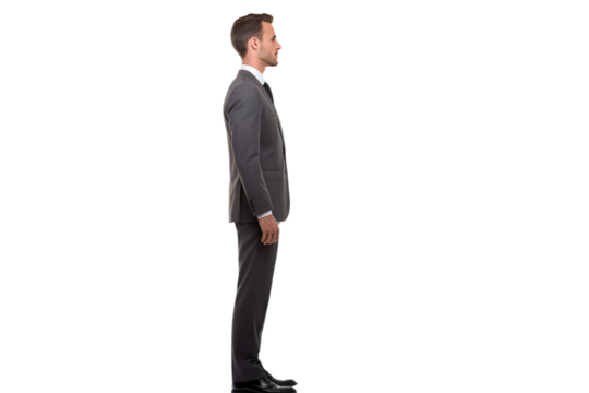 Professional Man in Suit and Tie Standing. A well dressed man wearing a suit and tie stands confidently. on a White or Clear Surface PNG Transparent Background.
