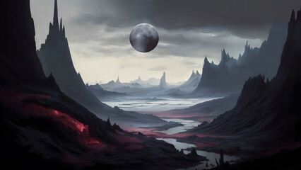 Fantasy landscape with a planet and a full moon. Generative AI. 