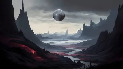 Poster Fantasy landscape with a planet and a full moon. Generative AI.  © Sergey