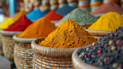 Close-up of vibrant, colorful spices heaped in wicker baskets, displayed in an open-air market setting.