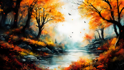 Naklejka na ściany i meble Beautiful autumn landscape with trees, river and clouds. Generative AI.