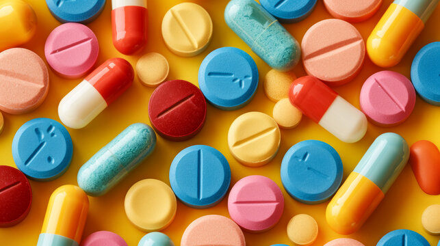 Top view: Array of colorful pills on a yellow surface, depicting diverse medications and treatments available