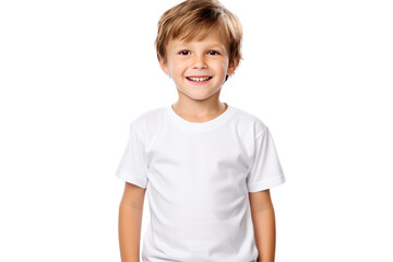A young boy is captured wearing a white shirt and black pants, showcasing his simple and classic attire. on a White or Clear Surface PNG Transparent Background.