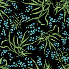 Seamless pattern with spring bouquet of little blue forget-me-nots flowers. Hand drawn watercolor painting illustration isolated on black background.