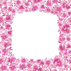 Frame, template with pink blossoming cherry flowers.  Seamless pattern in Toile de Jouy fabric style. Hand drawn watercolor painting illustration isolated on white background