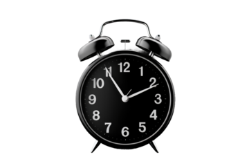 A black alarm clock is pictured. on a White or Clear Surface PNG Transparent Background.