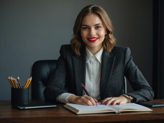 Young happy businesswoman using note on table in the office