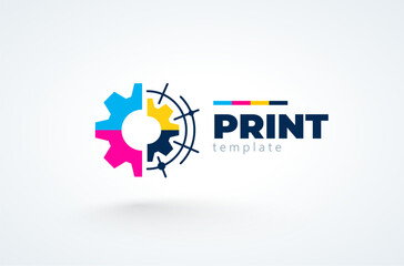 Logo Print theme. Gear Printing СMYK. Roller ink. Template design vector. White background.