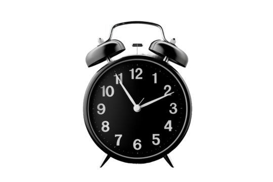 A black alarm clock is pictured. on a White or Clear Surface PNG Transparent Background.