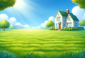 Fototapeta premium Colorful and playful illustration of a cottage in a fairytale setting, complete with a verdant grass field. Generative AI.