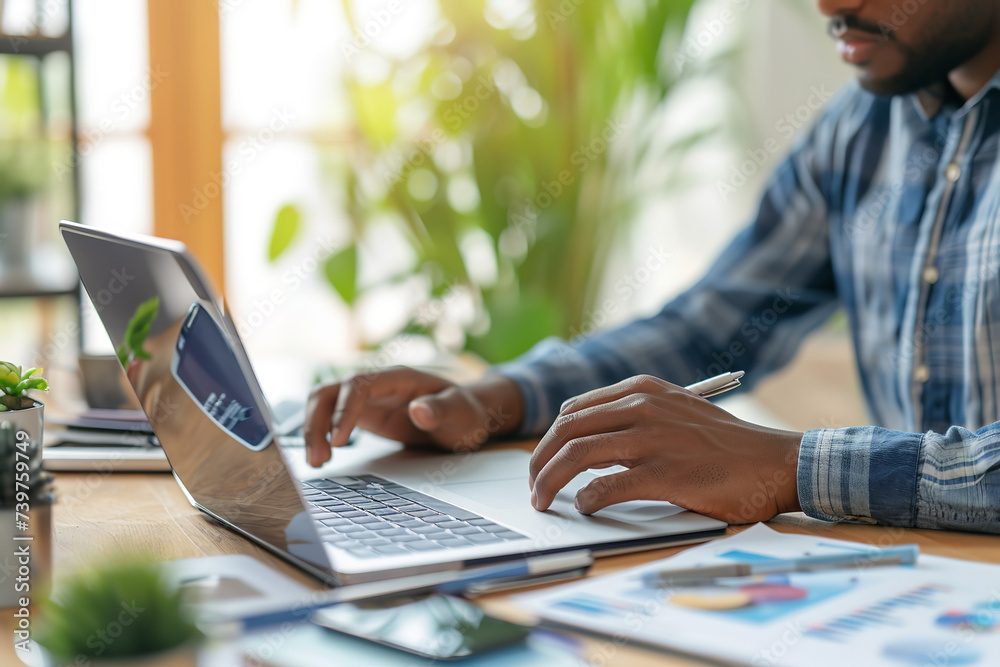 Canvas Prints young adult using an online interest rate calculator before applying for a personal loan. 