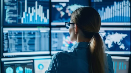 An illustration of business process automation concept, showcasing graphs for distribution analysis and consumption monitoring in a high-tech digital environment.