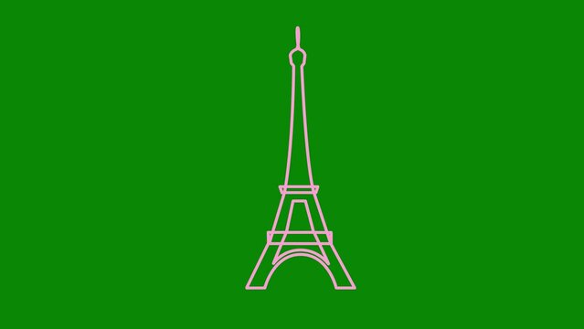 Animated pink Eiffel Tower is drawn. Linear symbol of France. Looped video. Concept of Paris, trip, travel, construction, journey. Line vector illustration isolated on green background.