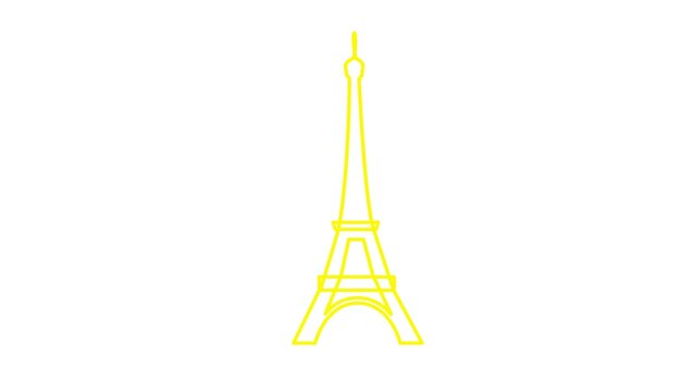 Animated yellow Eiffel Tower is drawn. Linear symbol of France. Looped video. Concept of Paris, trip, travel, construction, journey. Line vector illustration isolated on white background.