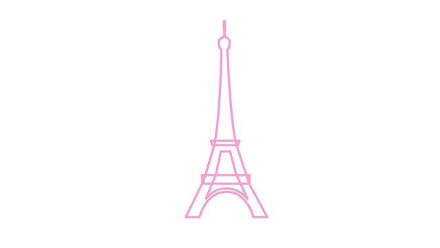 Animated pink Eiffel Tower is drawn. Linear symbol of France. Looped video. Concept of Paris, trip, travel, construction, journey. Line vector illustration isolated on white background.
