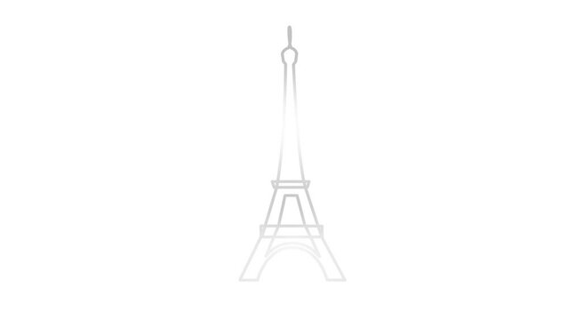 Animated silver Eiffel Tower is drawn. Linear gray  symbol of France. Looped video. Concept of Paris, trip, travel, construction, journey. Line vector illustration isolated on green background.
