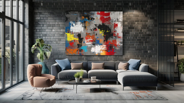 Dark grey themed modern living room with abstract painting