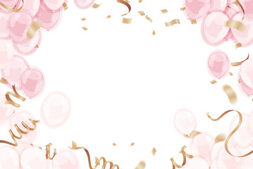 Pink and gold balloons and confetti on transparent background. Vector illustration.