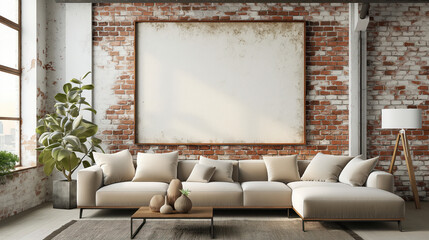 Modern living room with bricked wall and blank canvas mock up