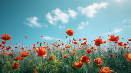 Vibrant Poppies Swaying Under a Clear Blue Sky