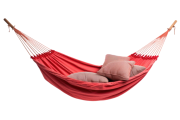 A stuffed teddy bear rests in a red hammock, creating a playful and cozy scene. on a White or Clear Surface PNG Transparent Background.