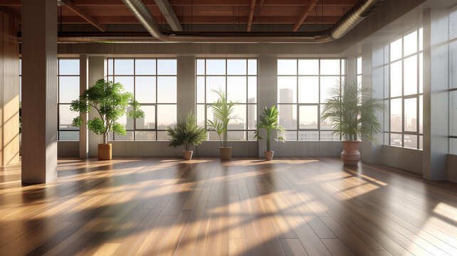 a spacious contemporary loft, empty except for strategically placed plants on a sleek wooden floor.