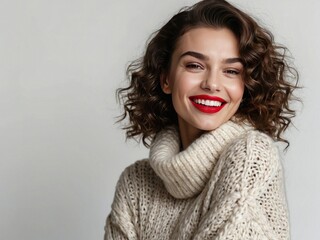 Photo of cheerful beautiful gorgeous girl smile good mood knitwear isolated on white background