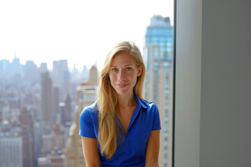 Fototapeta premium Executive woman in blue blouse with long blonde hair looking at camera against office window