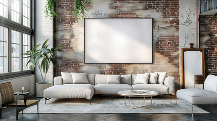 Modern living room with bricked wall and blank canvas mock up