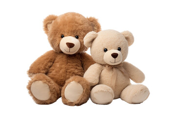 Two teddy bears, positioned side by side, sitting on a surface and facing forward. on a White or Clear Surface PNG Transparent Background.
