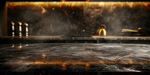 Dark marble table in kitchen ready for product display blurred background. Concept Kitchen Decor, Product Styling, Dark Marble Table, Blurred Background, Interior Design