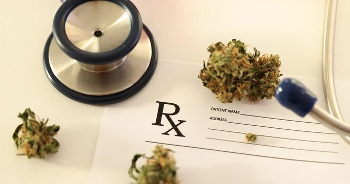 Cannabis cones lie with stethoscope on prescription form