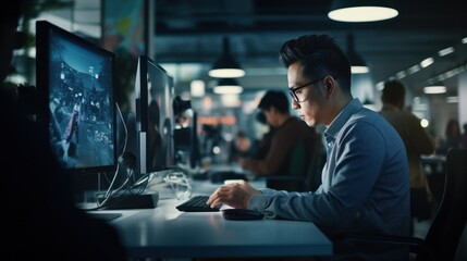 Diverse team of young professionals is working in modern business company. Working day of an office worker. Business, consulting, and technology concept.