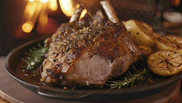 The warmth of the fire complements the meltinyourmouth tenderness of this fireside roast lamb infused with savory garlic and earthy rosemary.