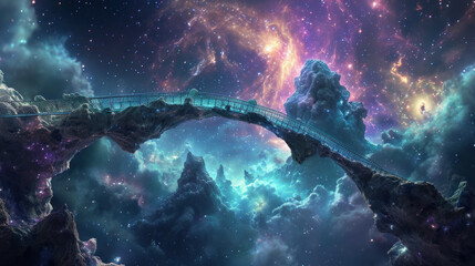 Cosmic bridge connecting vibrant celestial formations. Science fiction and exploration.