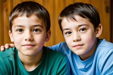 Obraz premium portrait of two children , portrait of brothers looking at the camera 