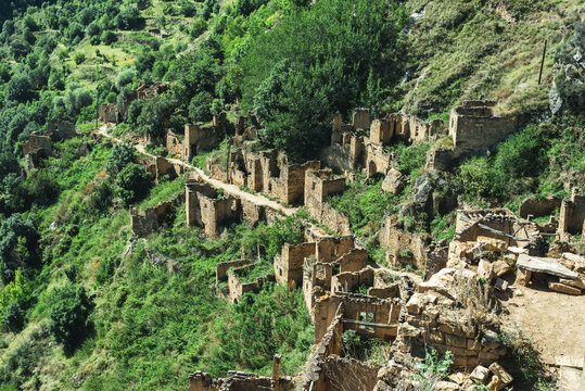Abandoned village in Dagestan mountains, aul Gamsutl, Russia
